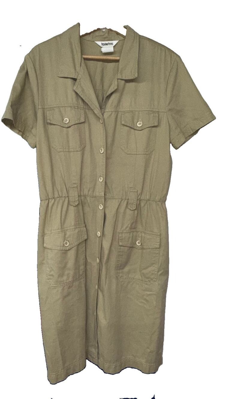 VTG Piccalino Petites Tan Utility Button Shortsleeved Size PL cotton made USA